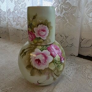 Lefton Tumble Up Nightstand Water Carafe Set 1266 Green Pink Rose Hand Painted